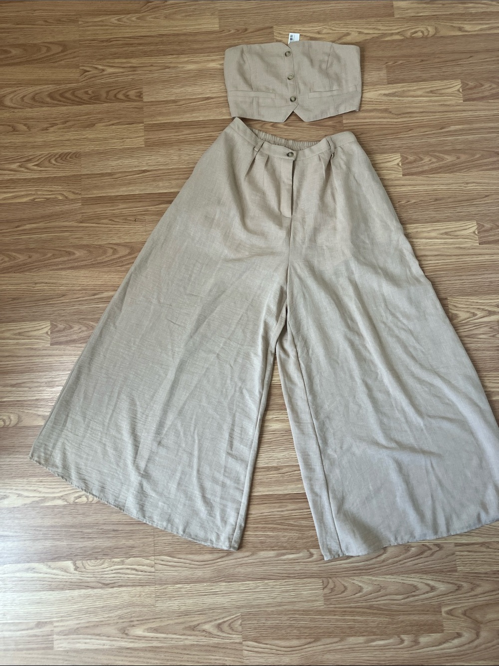Strapless Crop Top & High-Waist Wide Leg Pant Set in Beige size M